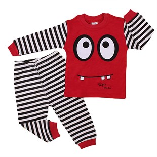Çizgili Göz Baskılı 2li Erkek Çocuk Pijama Takımı-Kırmızı
