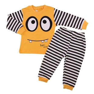 Çizgili Göz Baskılı 2li Erkek Çocuk Pijama Takımı-Sarı
