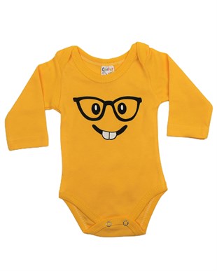 Gözlüklü Emoji Baskılı Uzun Kol Bebek Çıtçıtlı Badi Sarı
