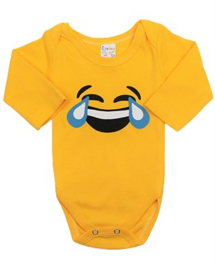 Gülen Emoji Baskılı Uzun Kol Bebek Çıtçıtlı Badi Sarı