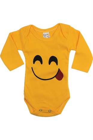 Gülümseyen Emoji Baskılı Uzun Kol Bebek Çıtçıtlı Badi Sarı