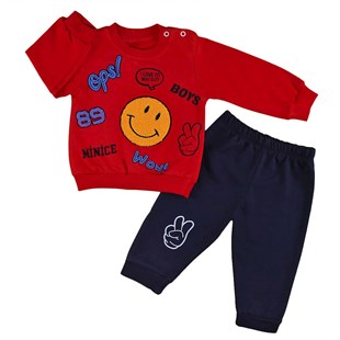 Kabartma Smile Nakışlı 2li Erkek Bebek Pijama Takımı-Kırmızı