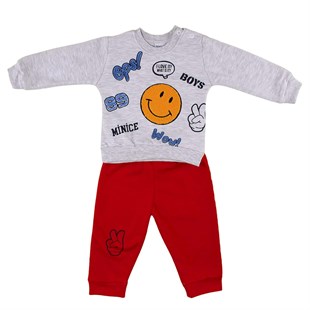 Kabartma Smile Nakışlı 2li Erkek Bebek Pijama Takımı-Gri