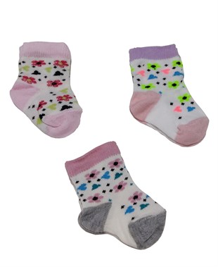 Karışık Renk 3lü Kız Bebek Soket Çorap-Çiçek