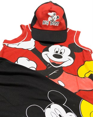 Mickey Baskılı Şapkalı Erkek Çocuk Yazlık 3'lü Takım