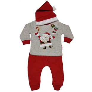 Noel Baba Baskılı Şapkalı Erkek Bebek İkili Takım Kırmızı